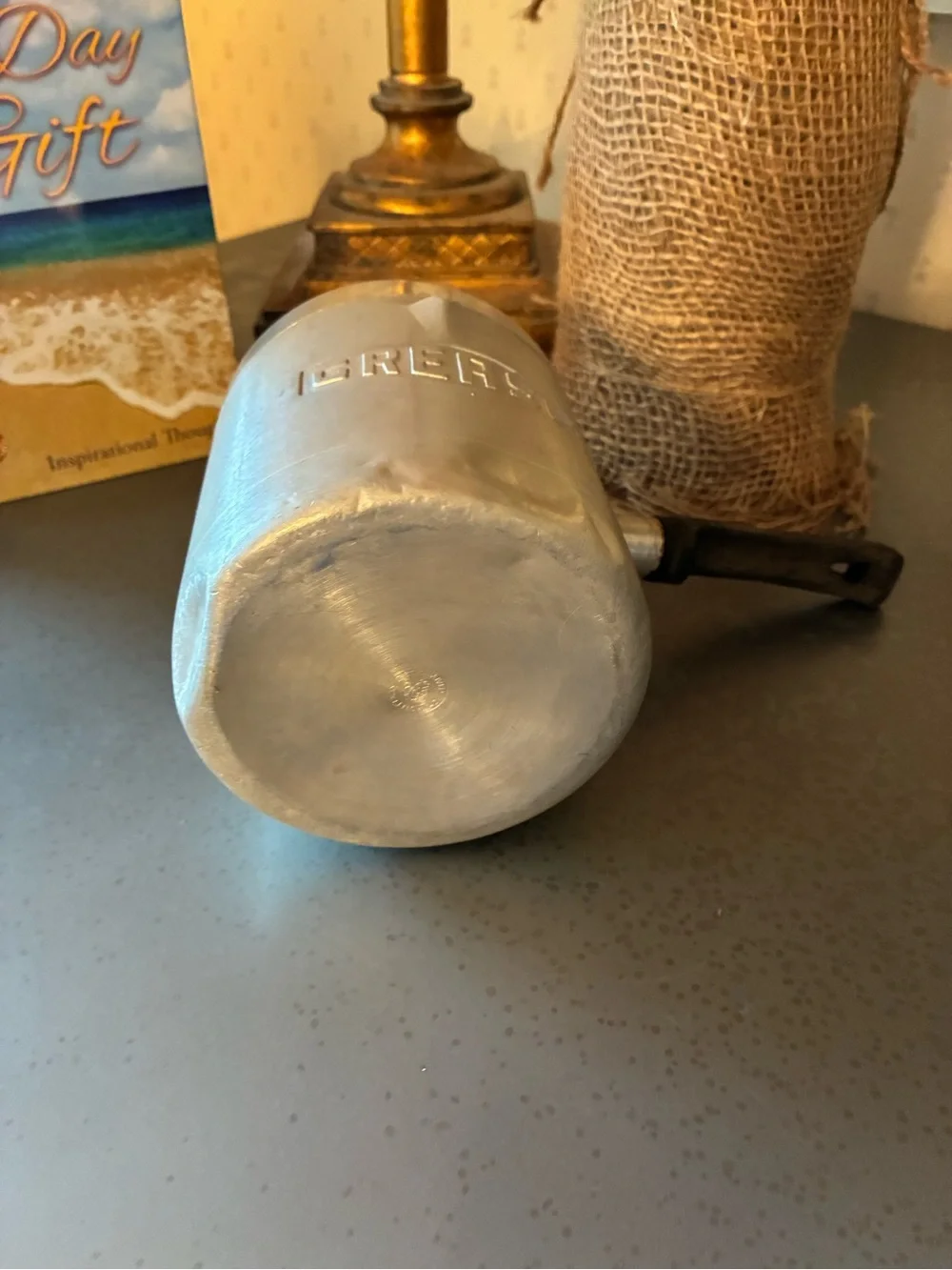 Vintage, SILVER Aluminum GREASE canister with strainer insert. 4.25 BLACK handle